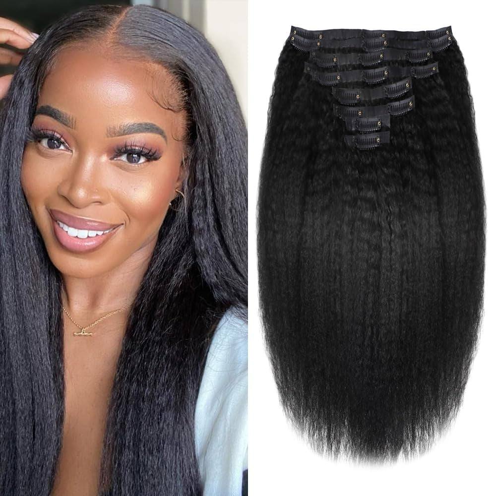 Kinky Straight Human Hair Clip in Extensions 120G Full Head Clip Ins for Women 100% Unprocessed Brazilian Virgin Human Hair Yaki Straight Clip Ins Remy Hair Natural Black 8Pcs 18Clips 12Inch