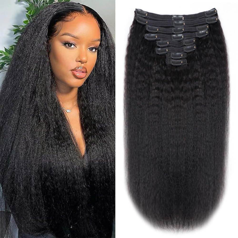 Kinky Straight Human Hair Clip in Extensions 120G Full Head Clip Ins for Women 100% Unprocessed Brazilian Virgin Human Hair Yaki Straight Clip Ins Remy Hair Natural Black 8Pcs 18Clips 12Inch