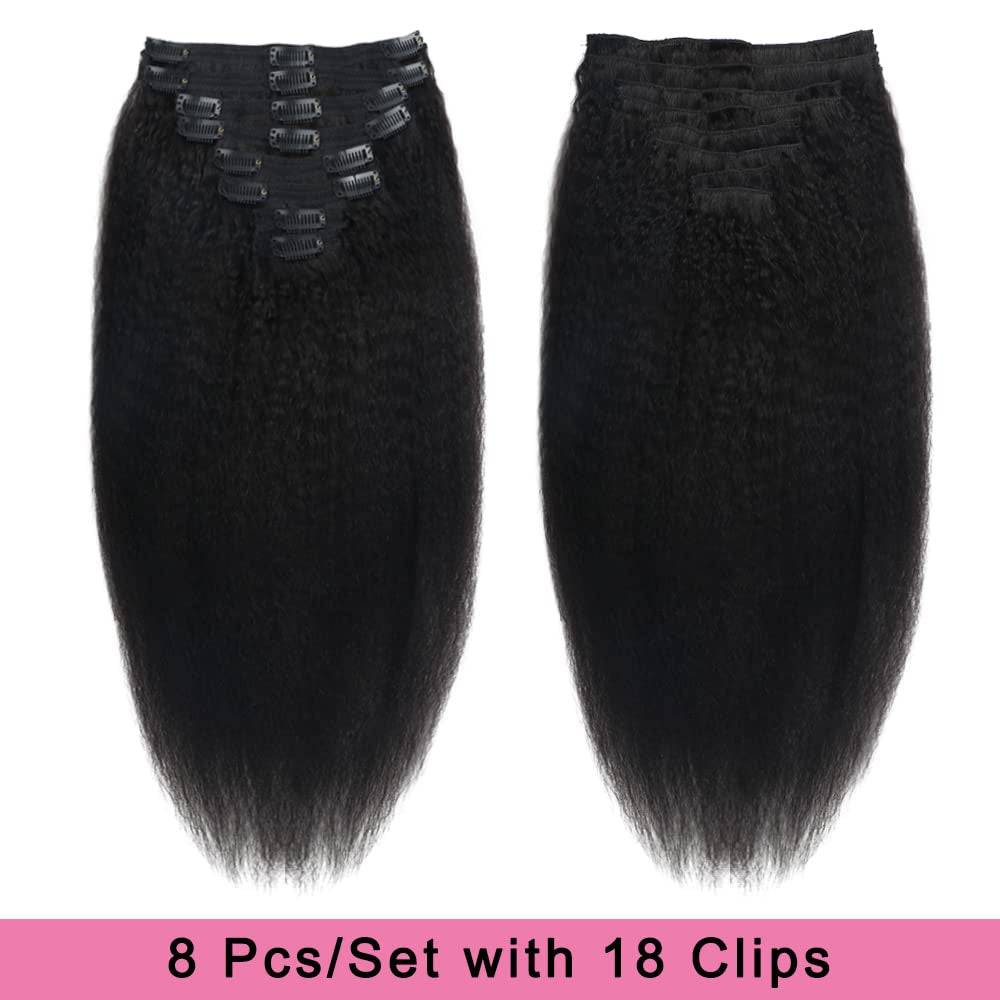 Kinky Straight Human Hair Clip in Extensions 120G Full Head Clip Ins for Women 100% Unprocessed Brazilian Virgin Human Hair Yaki Straight Clip Ins Remy Hair Natural Black 8Pcs 18Clips 12Inch