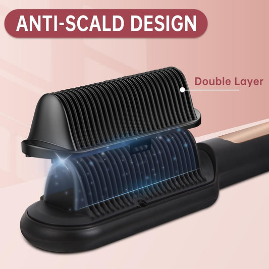 Negative Ionic Hair Straightener Brush with 9 Temp Settings, 30S Fast Heating Hair Straightening Comb with LED Display, Anti-Scald & Auto-Shut off Hair Brush Straightener for Women (Black)