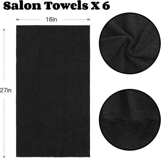 6 Pack Black Salon Towels, Super Soft and Absorbent Microfiber Hair Towel for Salon, Bath, Spa, Pool and Home, 27 Inch X 16 Inch, Black