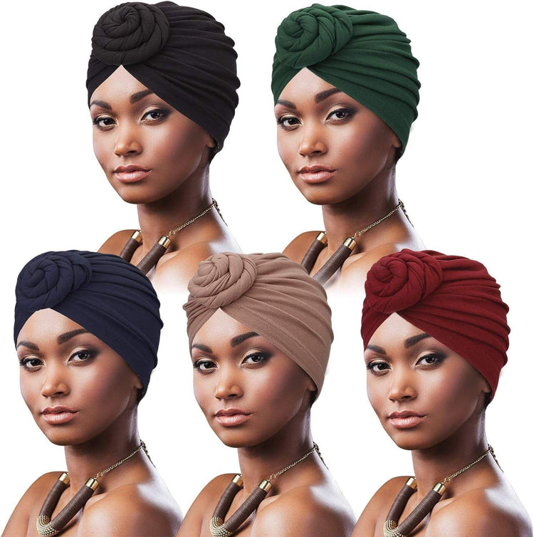 5 Pack Knotted Headwraps for Women African Turban Pre-Knotted Beanie Headwraps Hair Covers