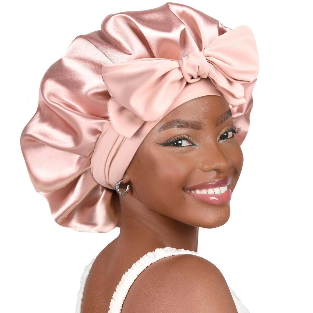 PHAMILY Satin Bonnet Silk Bonnet with Tie Band for  Sleeping, Double LNon-Slippage Bonnet: With wide long stretchy tie band, the big satin bonnet will stay in place while you move a lot at sleep time, so that to protect your hair all nSleeping, Double Layer Satin Lined, Black Hair Bonnets