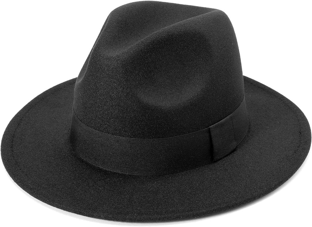 Women Classic Felt Fedora Wide Brim Floppy with Belt Buckle Panama Hat