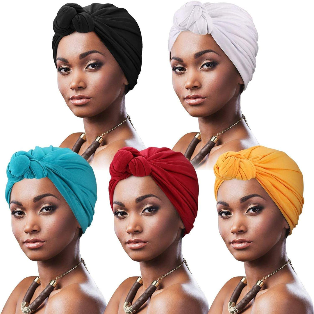 5 Pack Knotted Headwraps for Women African Turban Pre-Knotted Beanie Headwraps Hair Covers