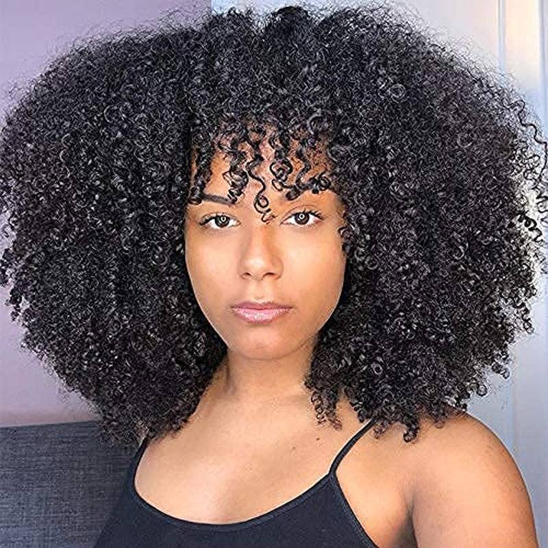 Curly Wig with Bangs Full Machine Made Scalp Top Wig 200 Density Brazilian Short Curly Human Hair Wigs Natural Color 16 Inch