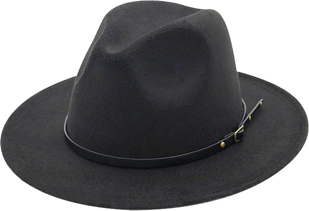 Women Classic Felt Fedora Wide Brim Floppy with Belt Buckle Panama Hat