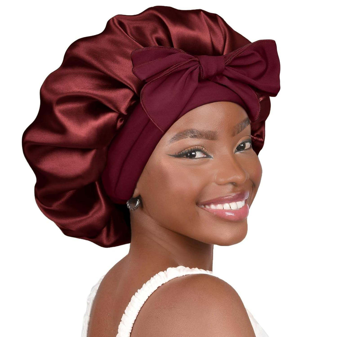 PHAMILY Satin Bonnet Silk Bonnet with Tie Band for  Sleeping, Double LNon-Slippage Bonnet: With wide long stretchy tie band, the big satin bonnet will stay in place while you move a lot at sleep time, so that to protect your hair all nSleeping, Double Layer Satin Lined, Black Hair Bonnets