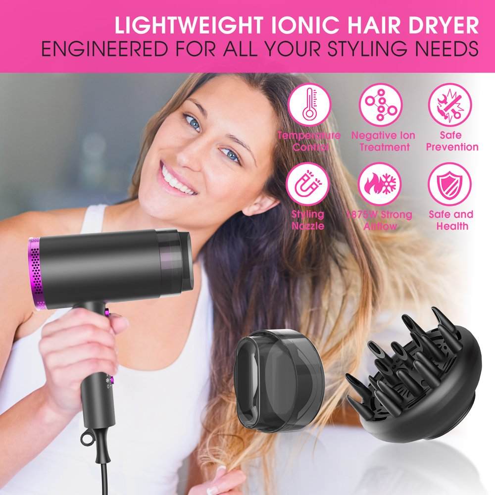 1875W Hair Dryer,  Professional Ionic Hair Blow Dryers with 3 Heat Settings, 2 Speed, Cool Settings,Fast Drying Blow Dryer for Home,Travel,Salon and Hotel