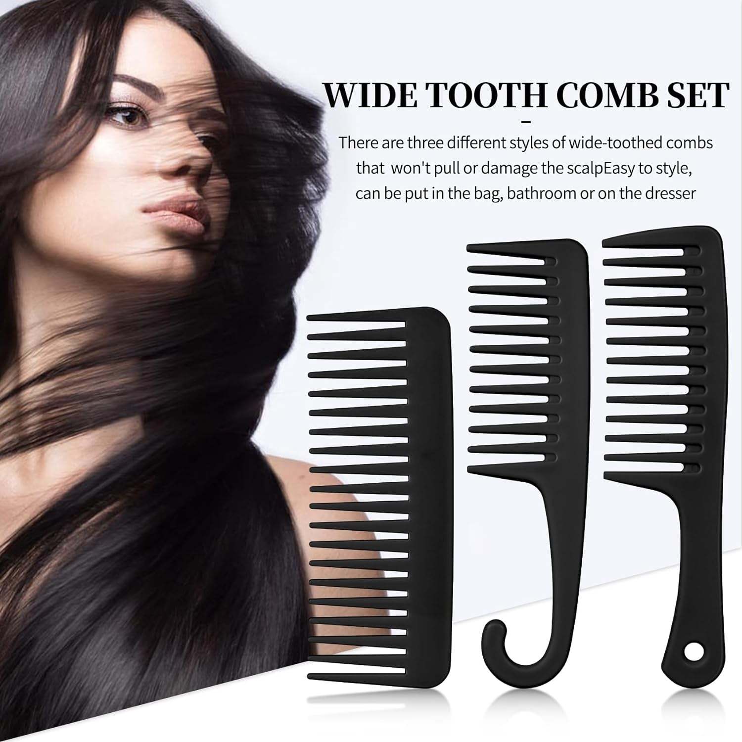 3PCS Wide Tooth Comb and Large Detangler Comb, Shower Comb with Hook,H【Handleless Wide Tooth Hair Comb】: This comb is the right size, easy to grip, easy to carry for travel, can easily fit in your bag without adding weight burden, you Large Detangler Comb, Shower Comb