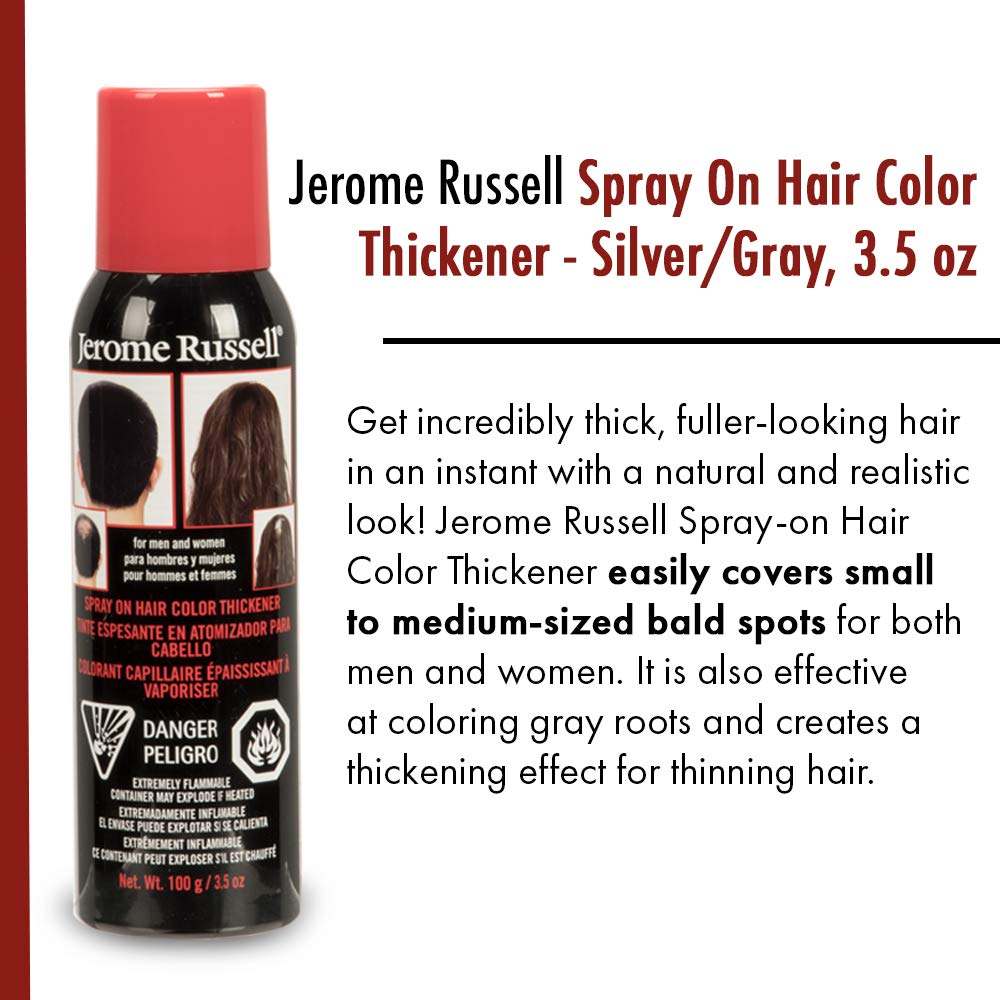 Spray-On Color Silver / Gray Hair Thickener, for Fine and Thinning HaiMultipurpose Hair Thickener Spray: Jerome Russell Spray-On Color Silver / Gray Hair Thickener helps cover and color light to medium bald spots. Effective on fine andThinning Hair, Conceals Bald Spots, Grey Hair, Hides Root