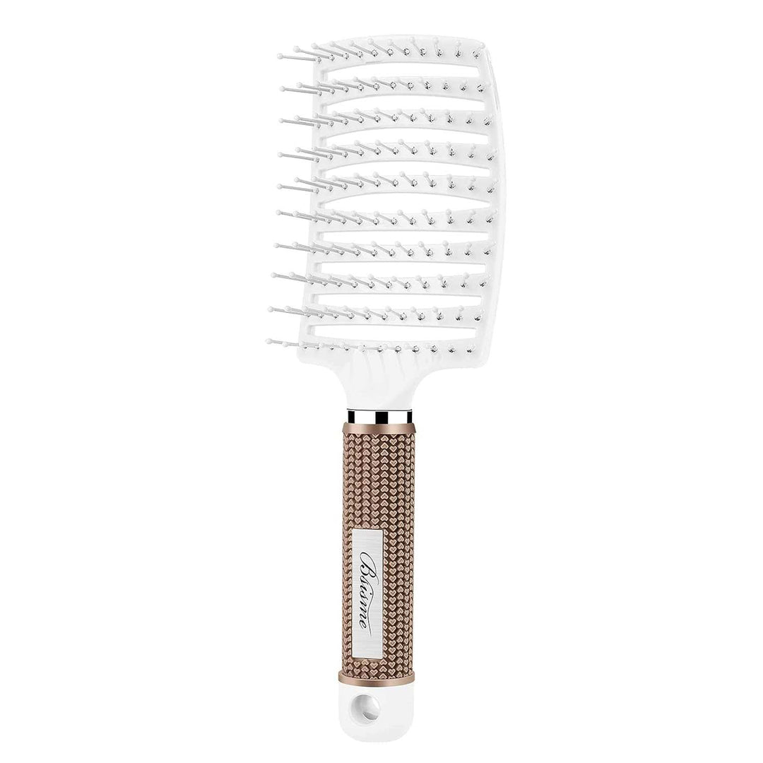 Professional curved vented hairbrush designed for less hair shedding, suitable for both men and women. This paddle brush is perfect for detangling wet or dry curly, thick, and straight hair.