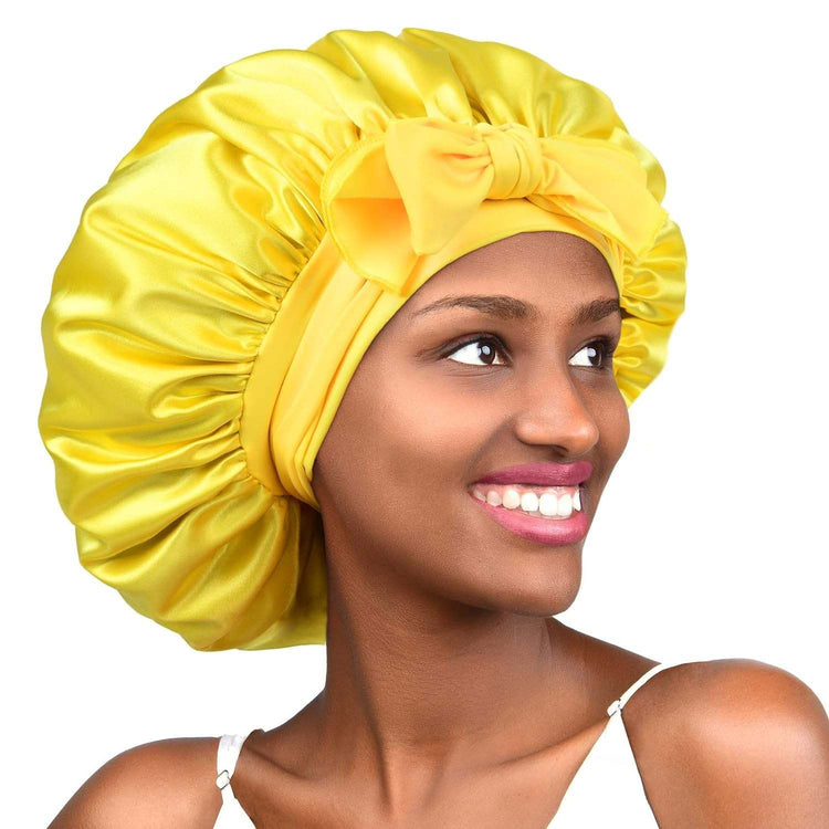 PHAMILY Satin Bonnet Silk Bonnet with Tie Band for  Sleeping, Double LNon-Slippage Bonnet: With wide long stretchy tie band, the big satin bonnet will stay in place while you move a lot at sleep time, so that to protect your hair all nSleeping, Double Layer Satin Lined, Black Hair Bonnets