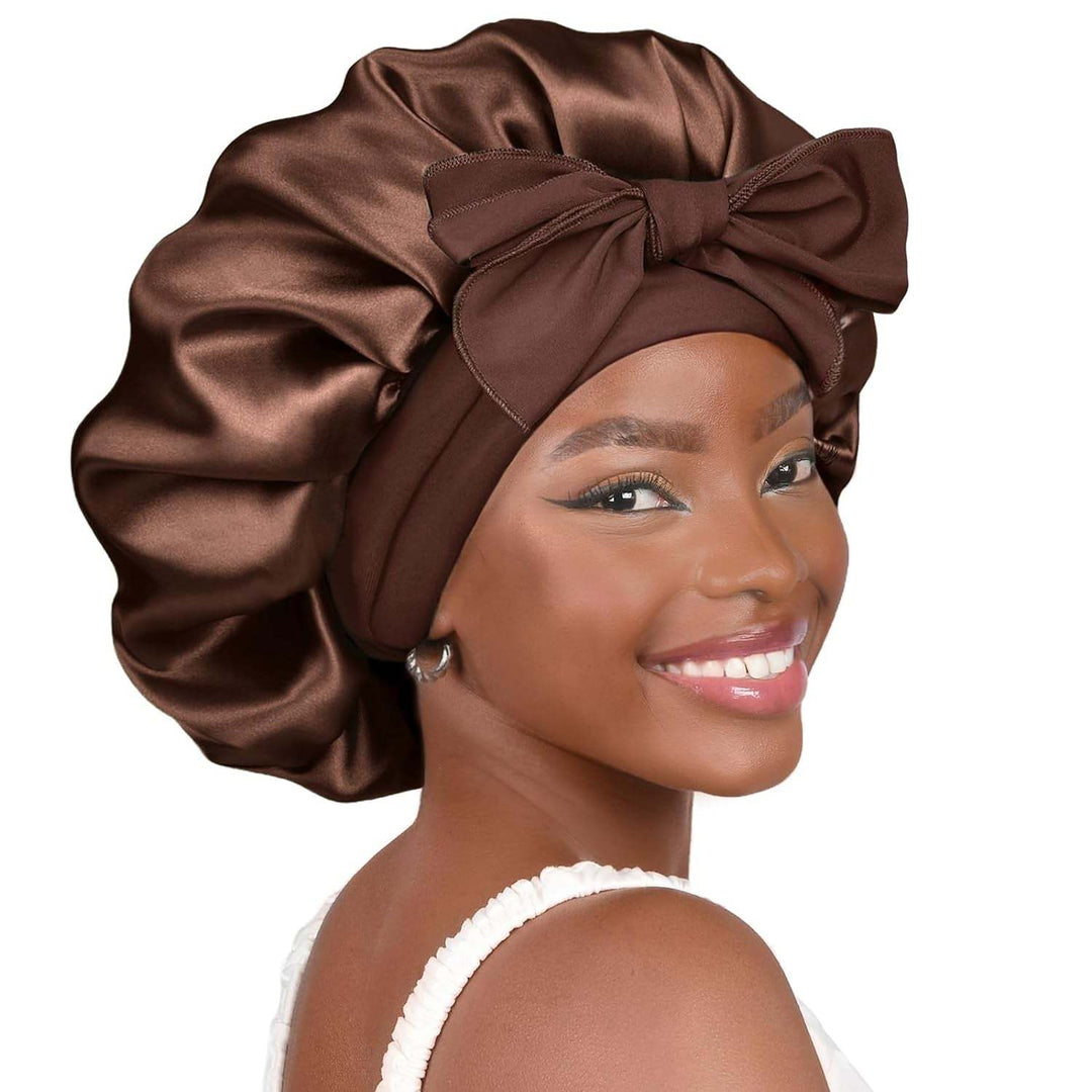 PHAMILY Satin Bonnet Silk Bonnet with Tie Band for  Sleeping, Double LNon-Slippage Bonnet: With wide long stretchy tie band, the big satin bonnet will stay in place while you move a lot at sleep time, so that to protect your hair all nSleeping, Double Layer Satin Lined, Black Hair Bonnets