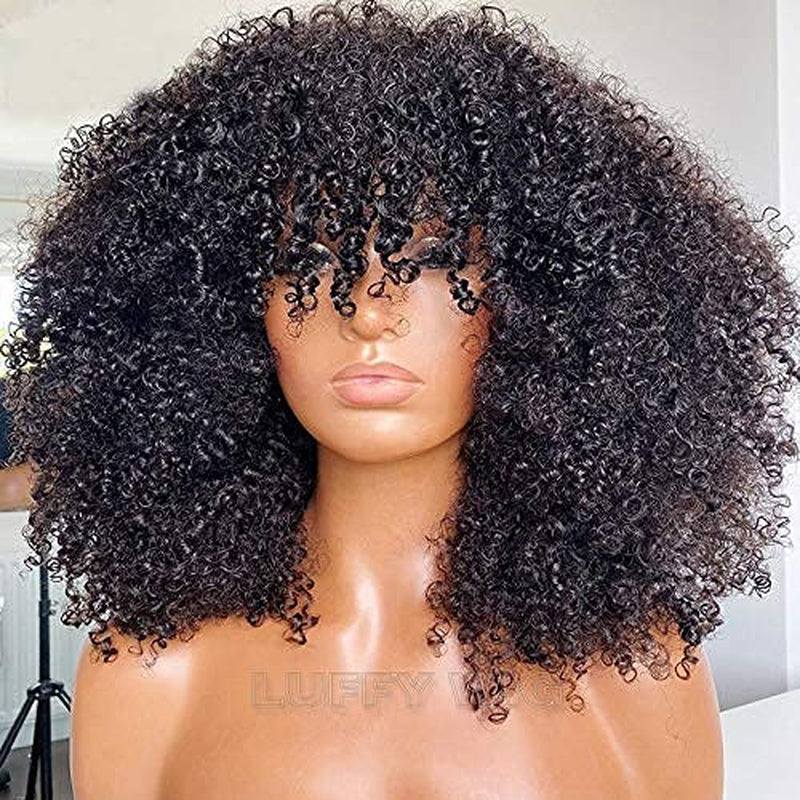 Curly Wig with Bangs Full Machine Made Scalp Top Wig 200 Density Brazilian Short Curly Human Hair Wigs Natural Color 16 Inch