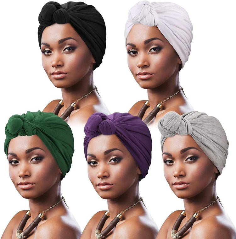 5 Pack Knotted Headwraps for Women African Turban Pre-Knotted Beanie Headwraps Hair Covers